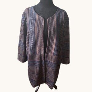 Westport Brown Blue Woven Long Lined Open Cardigan Duster EUC 3X